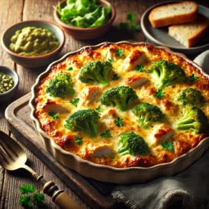 A hearty chicken and broccoli casserole in a rustic ceramic baking dish with a golden, bubbly cheese crust. Tender chicken pieces and vibrant green broccoli are coated in a creamy sauce, garnished with fresh parsley. The dish is set on a rustic wooden table with a serving spoon, a fresh side salad, and slices of crusty bread, all bathed in warm natural light that enhances its comforting and homemade appeal.