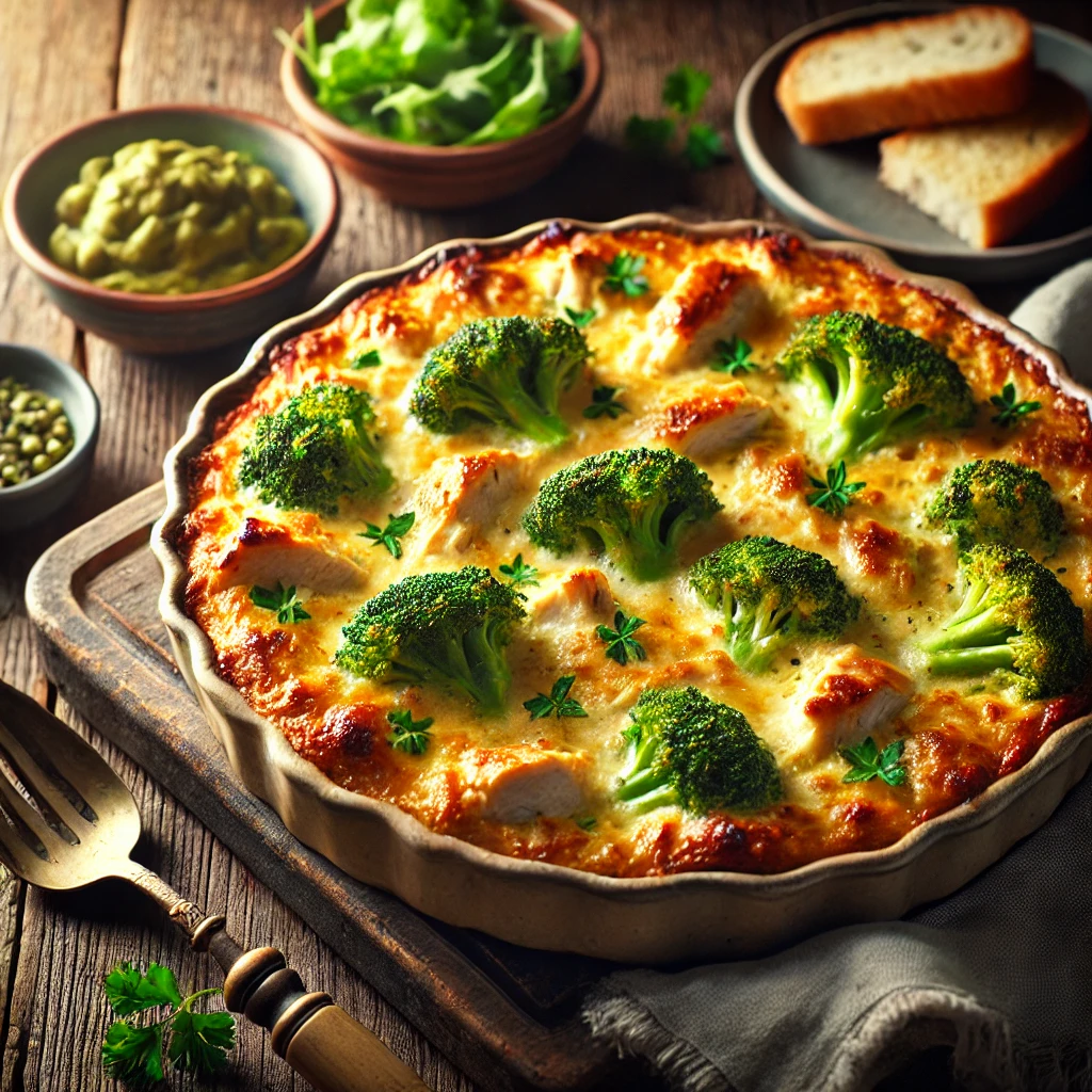 A hearty chicken and broccoli casserole in a rustic ceramic baking dish with a golden, bubbly cheese crust. Tender chicken pieces and vibrant green broccoli are coated in a creamy sauce, garnished with fresh parsley. The dish is set on a rustic wooden table with a serving spoon, a fresh side salad, and slices of crusty bread, all bathed in warm natural light that enhances its comforting and homemade appeal.