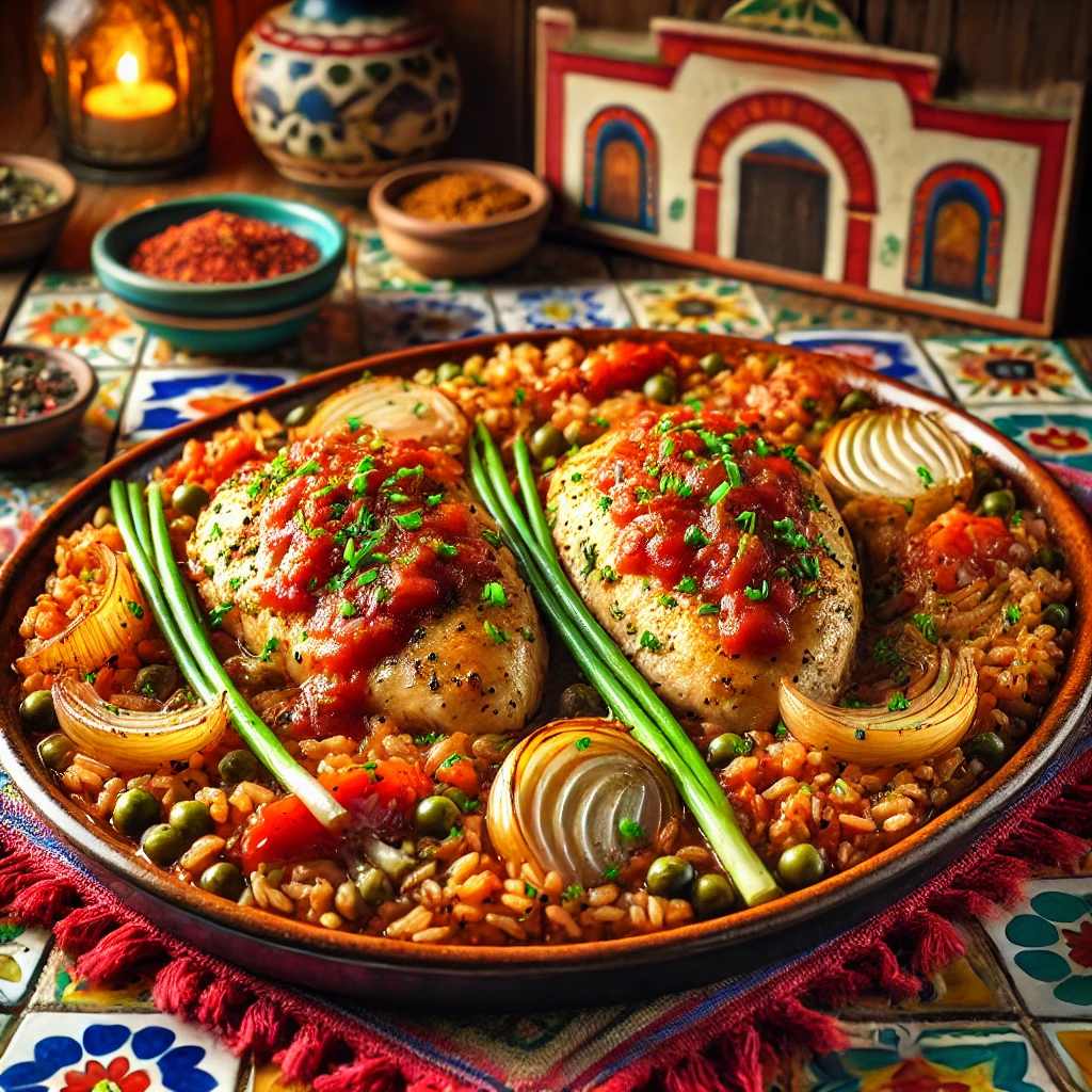 Chicken and brown rice bake with tomato puree and chives, served on a colorful Mexican-style plate.