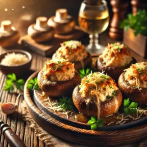 Chicken and Cheese Stuffed Mushrooms on a rustic wooden platter, featuring roasted mushroom caps filled with shredded chicken, melted cheese, garlic, and herbs. Garnished with parsley and Parmesan, set on a wooden table with a dipping sauce and a glass of white wine in the softly blurred background.