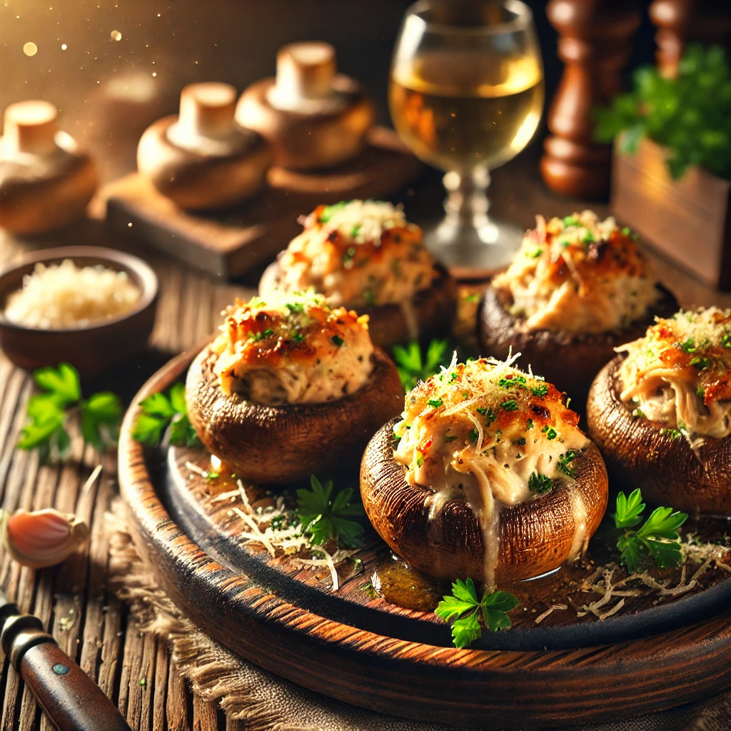 Chicken and Cheese Stuffed Mushrooms on a rustic wooden platter, featuring roasted mushroom caps filled with shredded chicken, melted cheese, garlic, and herbs. Garnished with parsley and Parmesan, set on a wooden table with a dipping sauce and a glass of white wine in the softly blurred background.