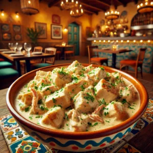 Chicken and crab delight in a creamy seasoned sauce, garnished with fresh herbs, served in a vibrant Mexican-style bowl.