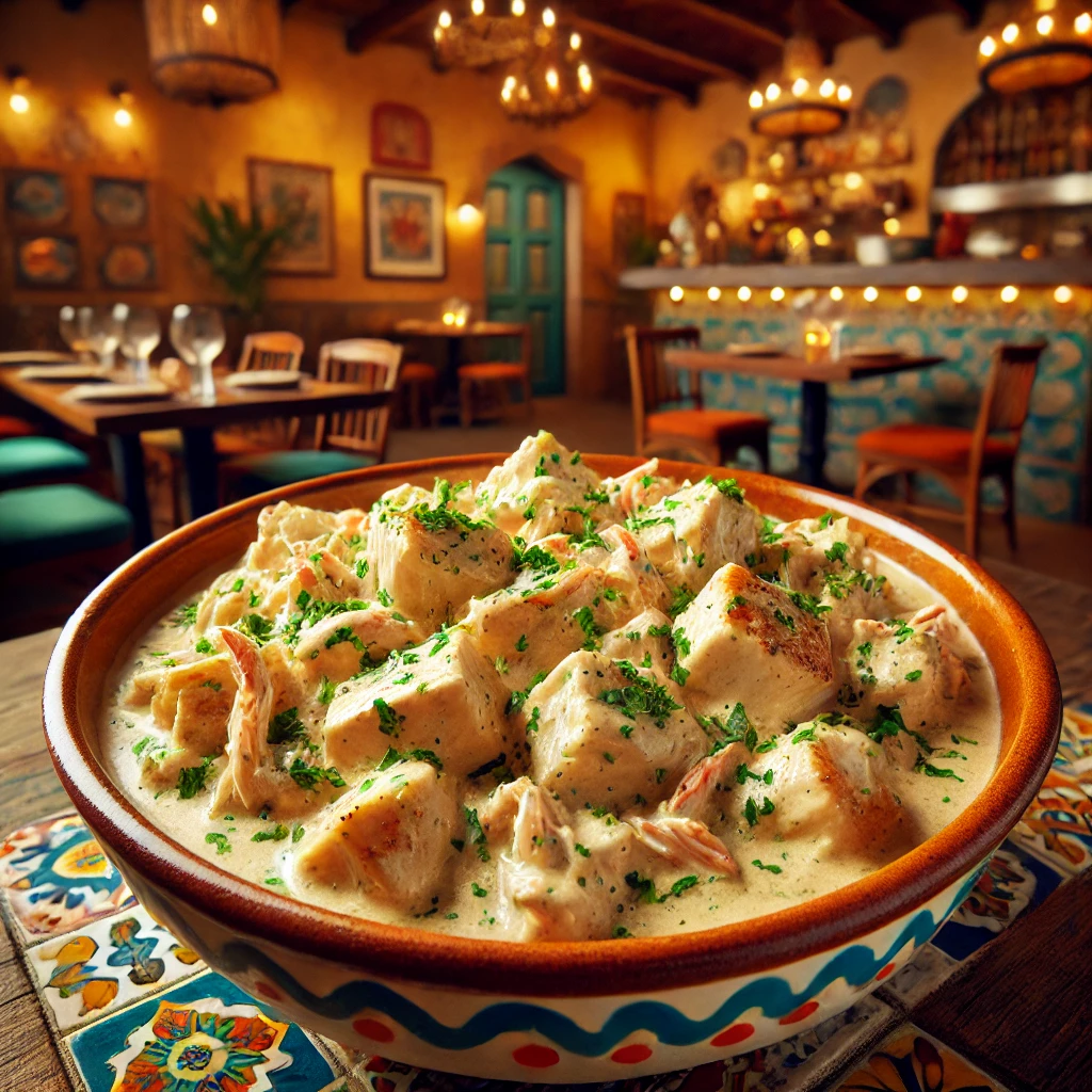 Chicken and crab delight in a creamy seasoned sauce, garnished with fresh herbs, served in a vibrant Mexican-style bowl.