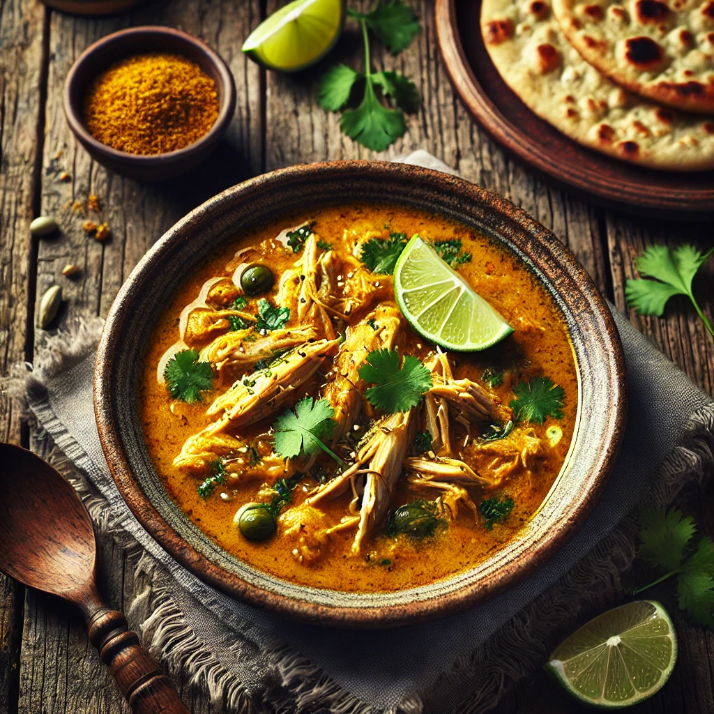 A beautifully plated bowl of Chicken and Curry Soup served on a rustic wooden table. The dish features a rich, golden curry-infused broth with tender shredded chicken, coconut milk, and aromatic spices. Garnished with fresh cilantro and a wedge of lime. Served in a rustic ceramic bowl with a side of naan bread. The warm wooden table is more visible, providing a cozy and inviting setting.