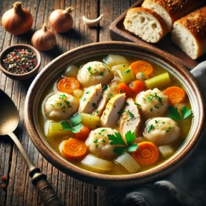 A beautifully plated bowl of Chicken and Dumplings served on a rustic wooden table. The dish features tender chunks of chicken in a rich, creamy broth with fluffy dumplings, carrots, celery, and onions. Garnished with freshly chopped parsley. Served in a rustic ceramic bowl with a side of crusty bread. The warm wooden table is more visible, providing a cozy and inviting setting.
