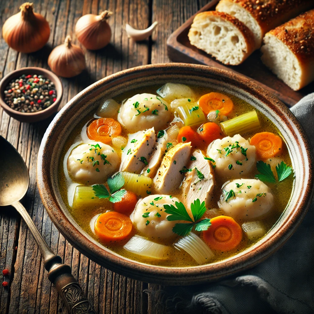 A beautifully plated bowl of Chicken and Dumplings served on a rustic wooden table. The dish features tender chunks of chicken in a rich, creamy broth with fluffy dumplings, carrots, celery, and onions. Garnished with freshly chopped parsley. Served in a rustic ceramic bowl with a side of crusty bread. The warm wooden table is more visible, providing a cozy and inviting setting.