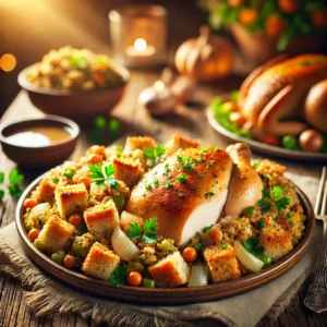 Chicken and Homemade Stuffing on a rustic ceramic plate, featuring golden-brown roasted chicken breast with stuffing made from bread cubes, onions, celery, and herbs. Garnished with parsley, set on a wooden table with a bowl of gravy and roasted vegetables in the softly blurred background.
