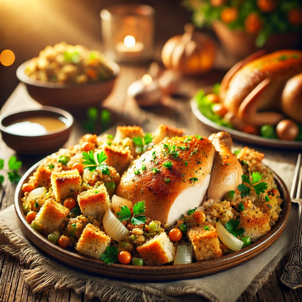 Chicken and Homemade Stuffing on a rustic ceramic plate, featuring golden-brown roasted chicken breast with stuffing made from bread cubes, onions, celery, and herbs. Garnished with parsley, set on a wooden table with a bowl of gravy and roasted vegetables in the softly blurred background.