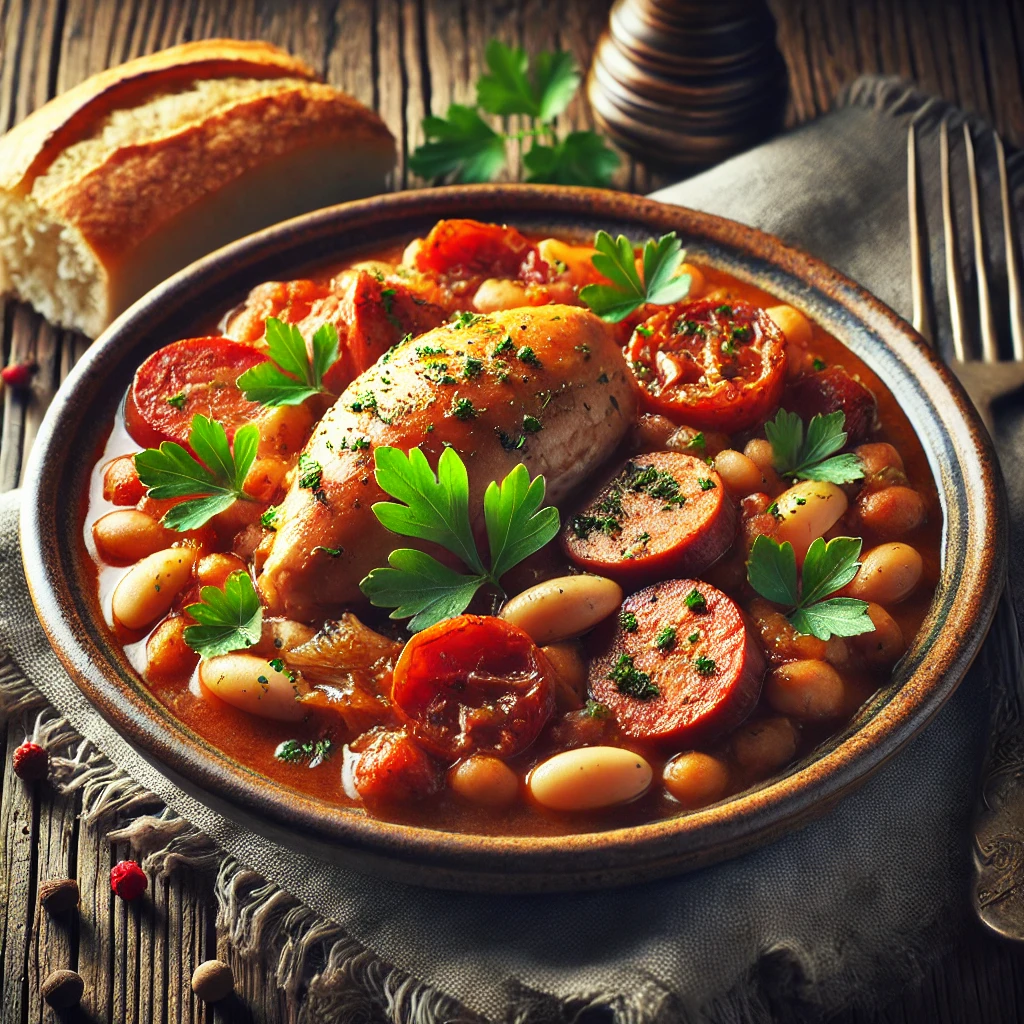 A beautifully plated dish of Chicken and Sausage Cassoulet served on a rustic wooden table. The dish features tender slow-cooked chicken and hearty sausage in a rich, savory tomato and white bean stew with garlic, onions, and herbs. Garnished with fresh parsley and served in a rustic ceramic bowl. A side of crusty bread completes the dish. The warm wooden table is more visible, providing a cozy and inviting setting.