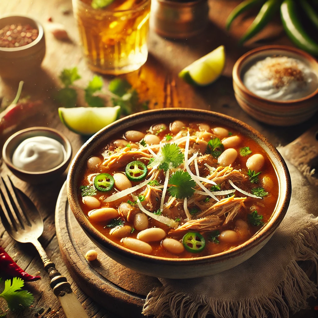 Chicken and White Bean Chili in a rustic ceramic bowl, featuring shredded chicken and creamy white beans in a flavorful broth with garlic, onions, and green chilies. Garnished with cilantro, shredded cheese, and a lime wedge, set on a wooden table with sour cream and a glass of iced tea in the softly blurred background.