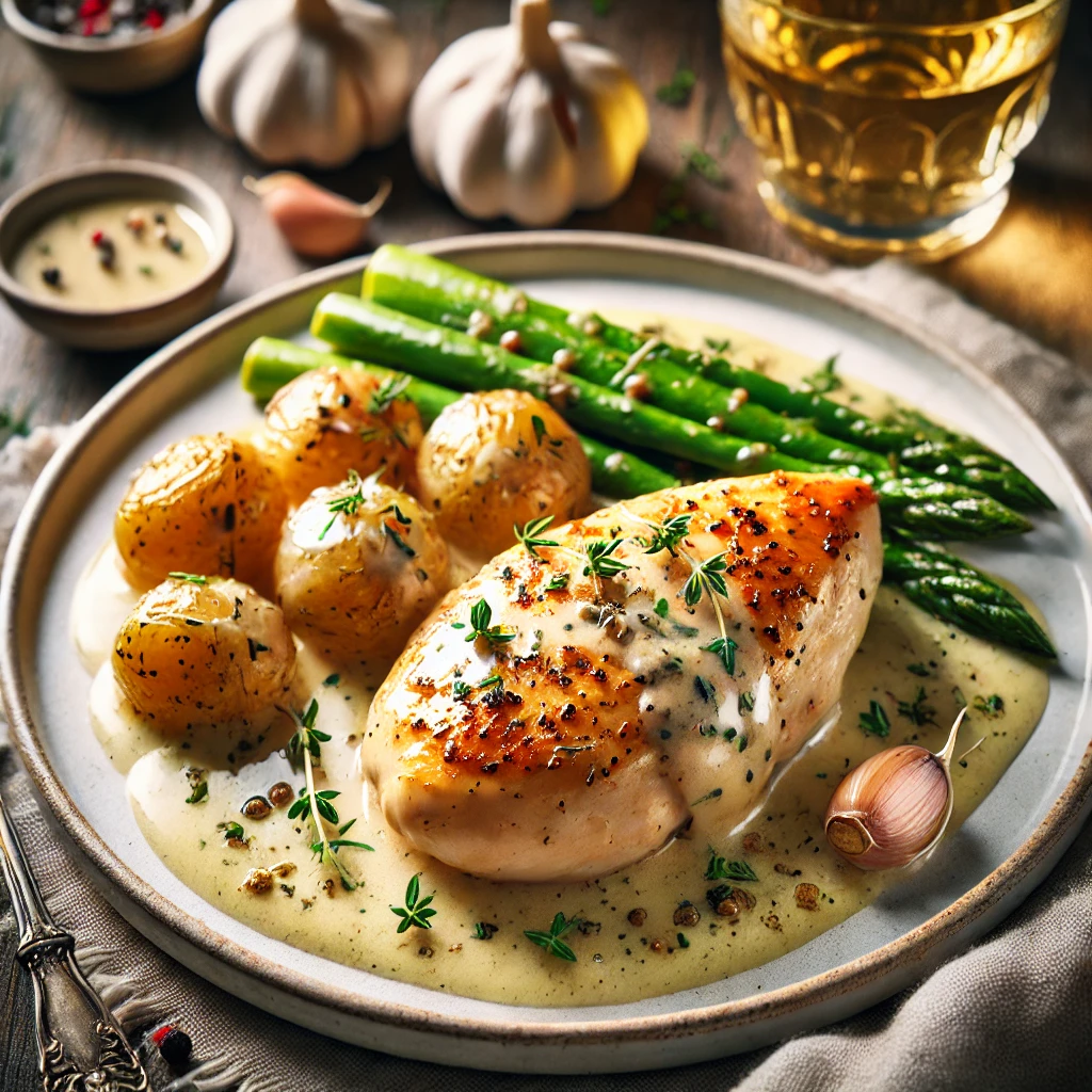 A beautifully presented dish of golden, tender chicken breast covered in a creamy white wine sauce, garnished with garlic slices and fresh thyme sprigs. Served with roasted baby potatoes and steamed asparagus on an elegant white plate. The rustic wooden table is accented with a glass of white wine and a small bowl of sauce, illuminated by soft natural lighting that highlights the creamy textures and warm, inviting tones.