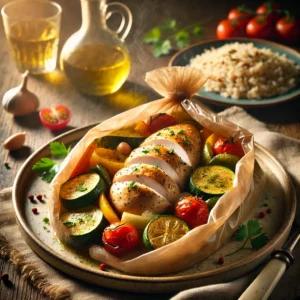 Chicken in a Pouch on a rustic ceramic plate, featuring seasoned chicken baked in a parchment pouch with zucchini, cherry tomatoes, and bell peppers, infused with garlic, lemon, and herbs. Garnished with parsley and olive oil, set on a wooden table with wild rice and a glass of white wine in the softly blurred background.