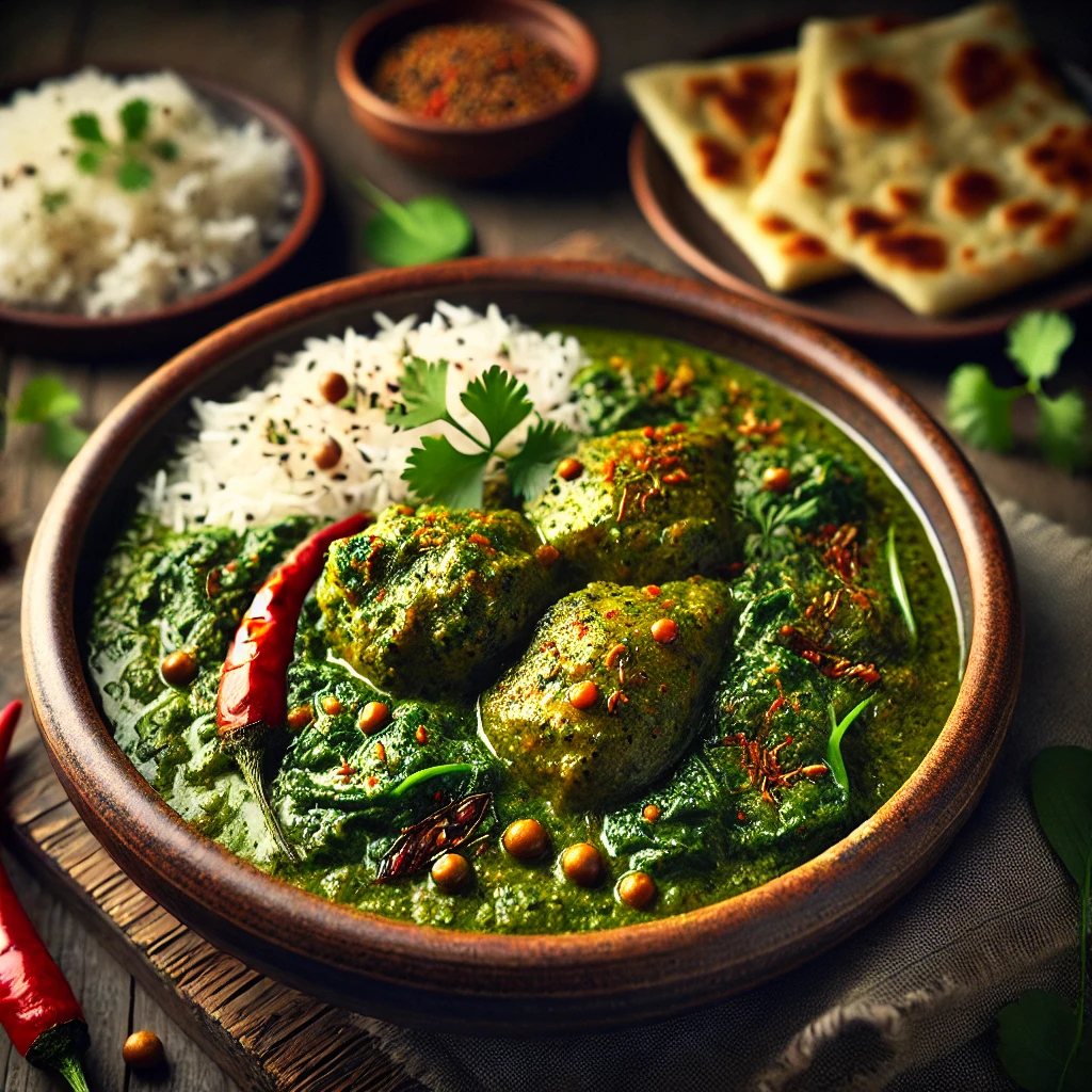 A beautifully plated dish of Chicken in a Spinach and Mustard Sauce, featuring tender chicken pieces simmered in a rich, vibrant green sauce made from spinach, grainy mustard, and aromatic spices. The dish has a deep, earthy hue with flecks of mustard seeds and chili. Garnished with fresh coriander, it is served in a rustic ceramic bowl. Accompanied by a side of basmati rice and naan bread, the bowl rests on a wooden table, with soft, warm lighting enhancing the inviting and flavorful presentation.