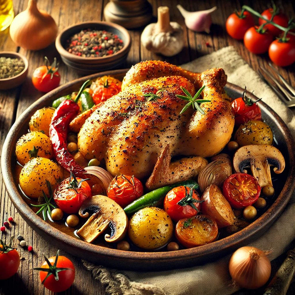Tender oven-baked chicken surrounded by roasted small potatoes, cherry tomatoes, mushrooms, onion slices, and green peppers, seasoned with paprika and Worcestershire sauce.