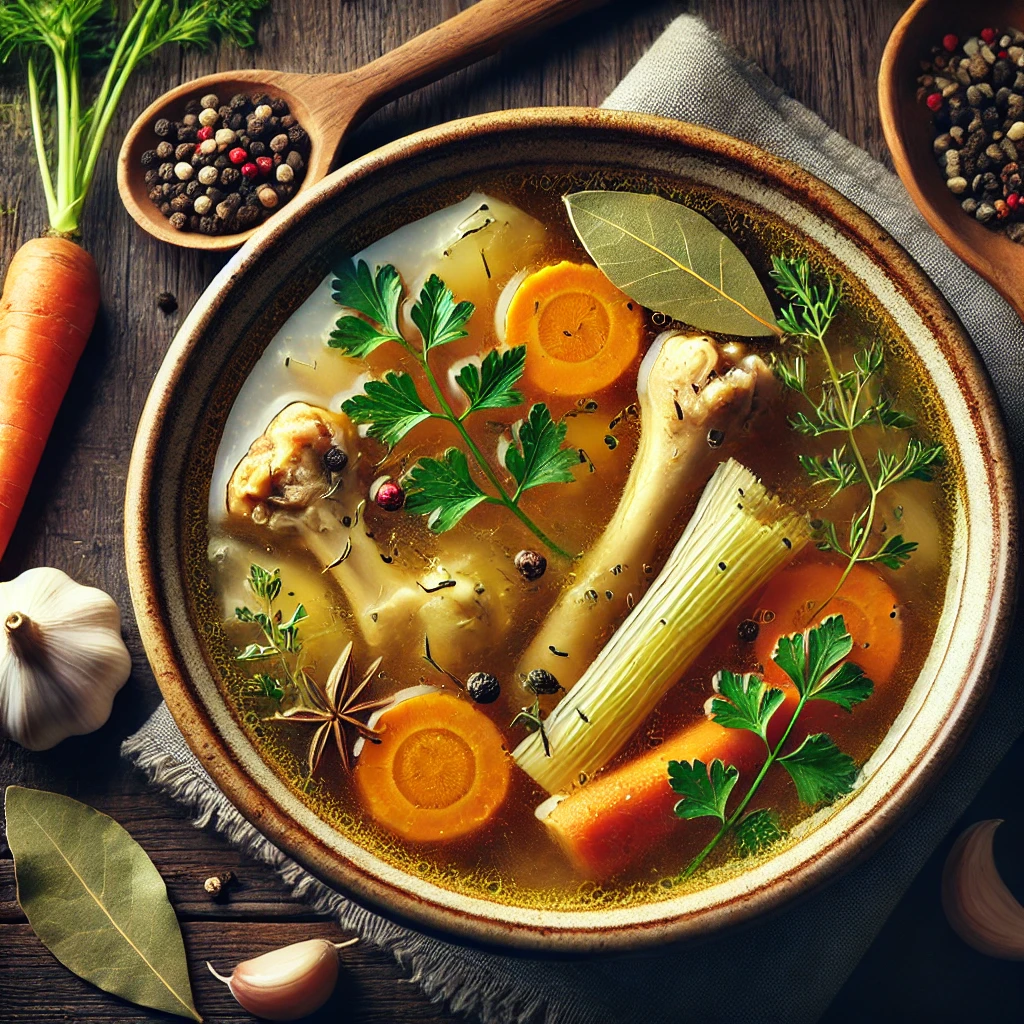 A beautifully plated bowl of Chicken Stock, featuring a clear, golden broth infused with roasted chicken bones, aromatic herbs, and vegetables. The stock has a warm, slightly translucent appearance with visible ingredients such as carrots, celery, onions, garlic, and bay leaves. Hints of black peppercorns and fresh thyme float on the surface. Served in a rustic ceramic bowl, the broth has a comforting glow. Accompanied by a wooden ladle and fresh ingredients on the side, the setting rests on a wooden table with soft, natural lighting enhancing the wholesome and nourishing presentation.