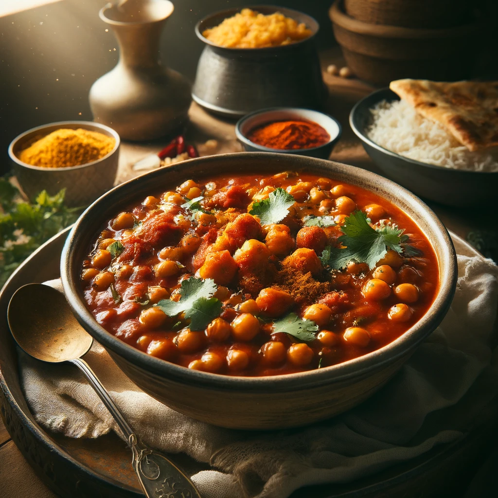 A bowl of chickpea lentil masala in a rich tomato curry, garnished with cilantro and garam masala, served on a rustic wooden table with basmati rice, naan, and mango chutney in the background.