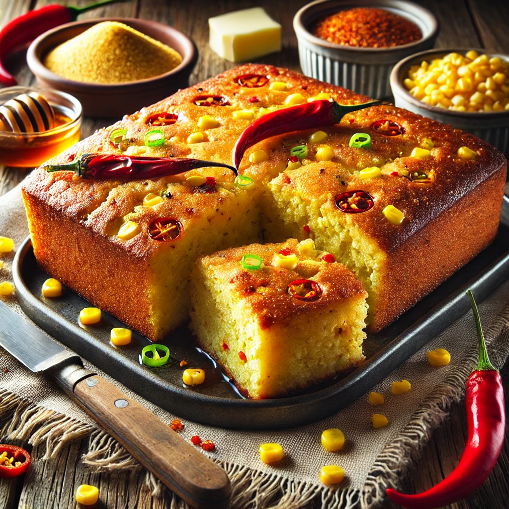 Golden, moist cornbread with flecks of red chili peppers and corn kernels, sliced into warm, fluffy squares, garnished with honey and chopped green onions.