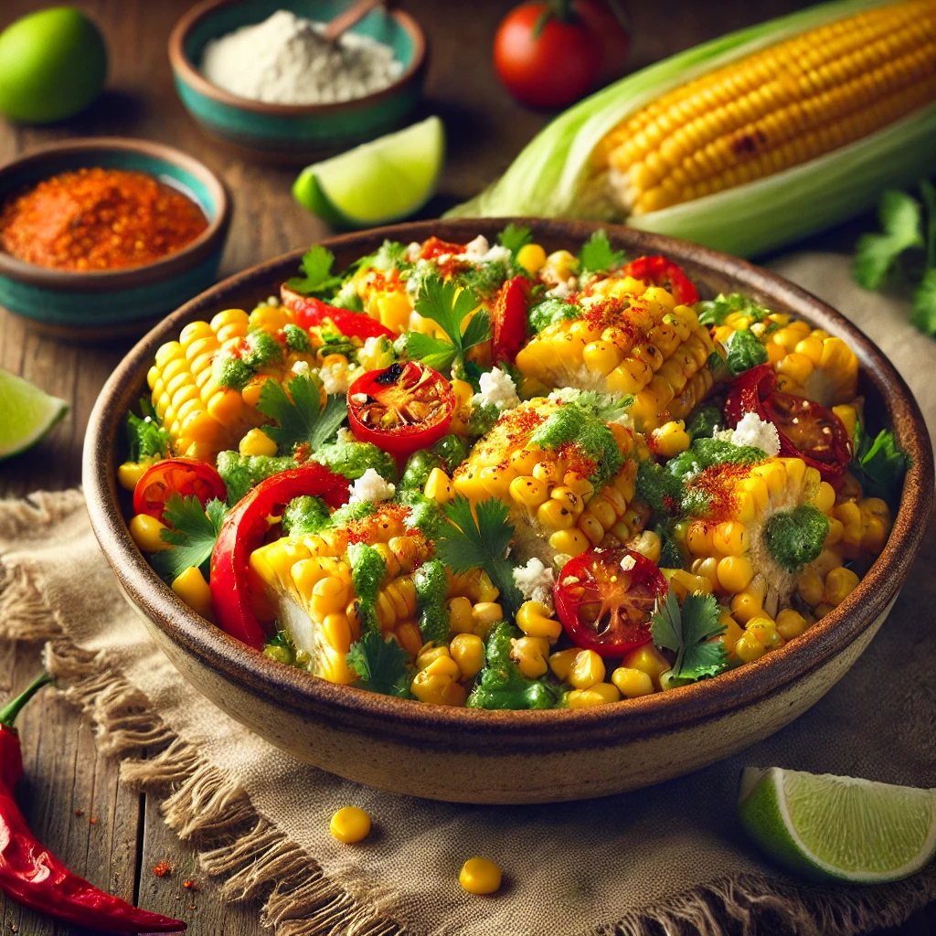 Fresh grilled corn kernels tossed with diced red bell peppers, cherry tomatoes, and cilantro in a zesty chili-lime dressing, garnished with cotija cheese and chili powder.