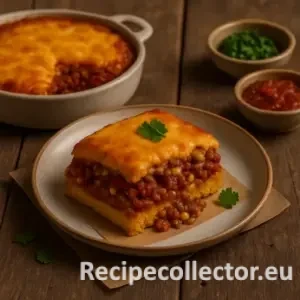 A hearty slice of chili pie layered with chili, corn, and cornbread, topped with melted cheese and a sprig of cilantro, served on a ceramic plate with a full baking dish and side bowls of salsa and herbs on a rustic table.