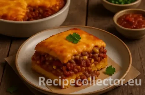 A hearty slice of chili pie layered with chili, corn, and cornbread, topped with melted cheese and a sprig of cilantro, served on a ceramic plate with a full baking dish and side bowls of salsa and herbs on a rustic table.