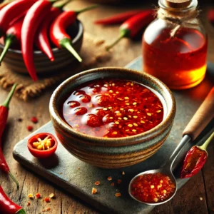 A vibrant, spicy Chili Water dipping sauce served in a small rustic ceramic bowl. The sauce has a rich red-orange hue with flecks of minced garlic and sambal chili powder floating in the rice wine vinegar base. The bowl sits on a rustic wooden table, accompanied by a small spoon, dried chili flakes, and a bottle of rice vinegar. Warm, natural lighting enhances the bold, fiery tones of the sauce, creating an inviting and flavorful presentation.