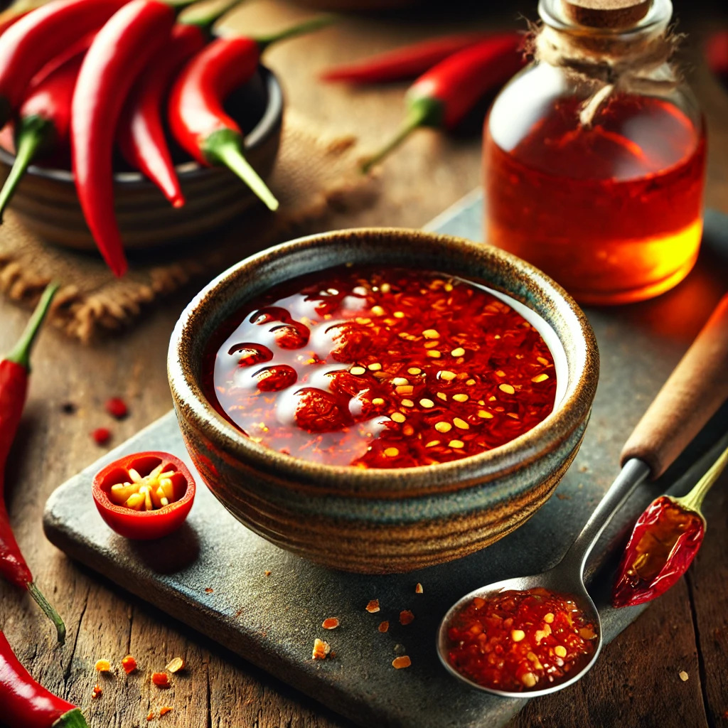 A vibrant, spicy Chili Water dipping sauce served in a small rustic ceramic bowl. The sauce has a rich red-orange hue with flecks of minced garlic and sambal chili powder floating in the rice wine vinegar base. The bowl sits on a rustic wooden table, accompanied by a small spoon, dried chili flakes, and a bottle of rice vinegar. Warm, natural lighting enhances the bold, fiery tones of the sauce, creating an inviting and flavorful presentation.