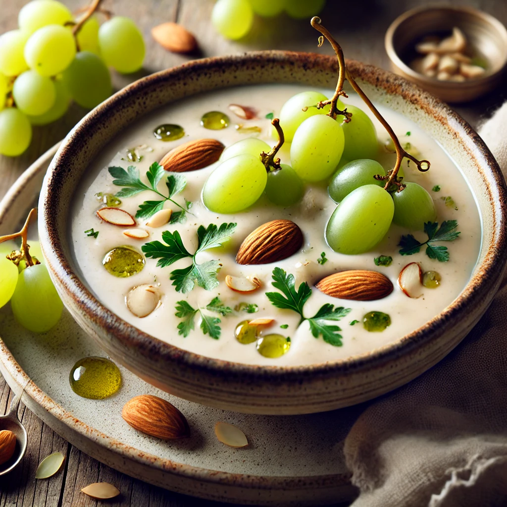 A beautifully plated bowl of Chilled Almond & Grape Soup, featuring a creamy, pale-white soup made from blended almonds, white grapes, and a touch of garlic. The bowl rests on a wooden table with soft, natural lighting highlighting the elegant and delicate presentation.