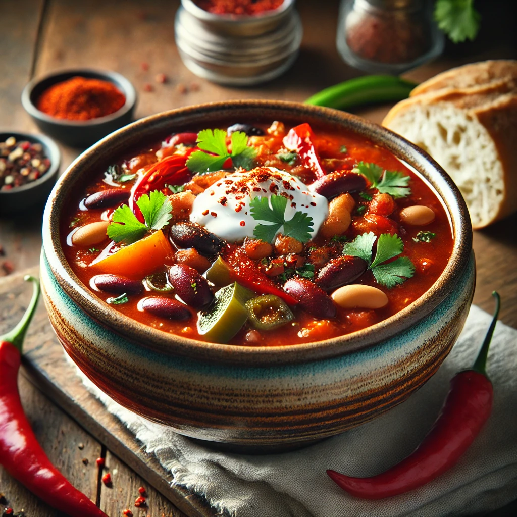 A beautifully plated bowl of Chilli, Bean & Pepper Soup, featuring a rich, deep-red broth infused with smoky spices, tender beans, and colorful bell peppers. The soup is served in a rustic ceramic bowl, garnished with fresh cilantro, a dollop of sour cream, and a sprinkle of red chili flakes. The vibrant mix of kidney beans, black beans, and chopped peppers adds texture and color. Accompanied by a slice of crusty bread on the side, the bowl rests on a wooden table with soft, natural lighting enhancing the warm and hearty presentation.