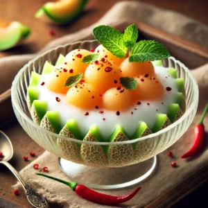 A beautifully plated Chillied Melon Foam, featuring a light, airy melon-flavored foam infused with a hint of chili for a unique balance of sweetness and spice. The foam is served in an elegant glass bowl, garnished with thin slices of fresh melon, a sprinkle of red chili flakes, and a delicate mint leaf. The vibrant orange and pale green hues of the melon contrast with the deep red chili flakes. The dish rests on a rustic wooden table with soft, natural lighting enhancing the fresh and modern presentation.
