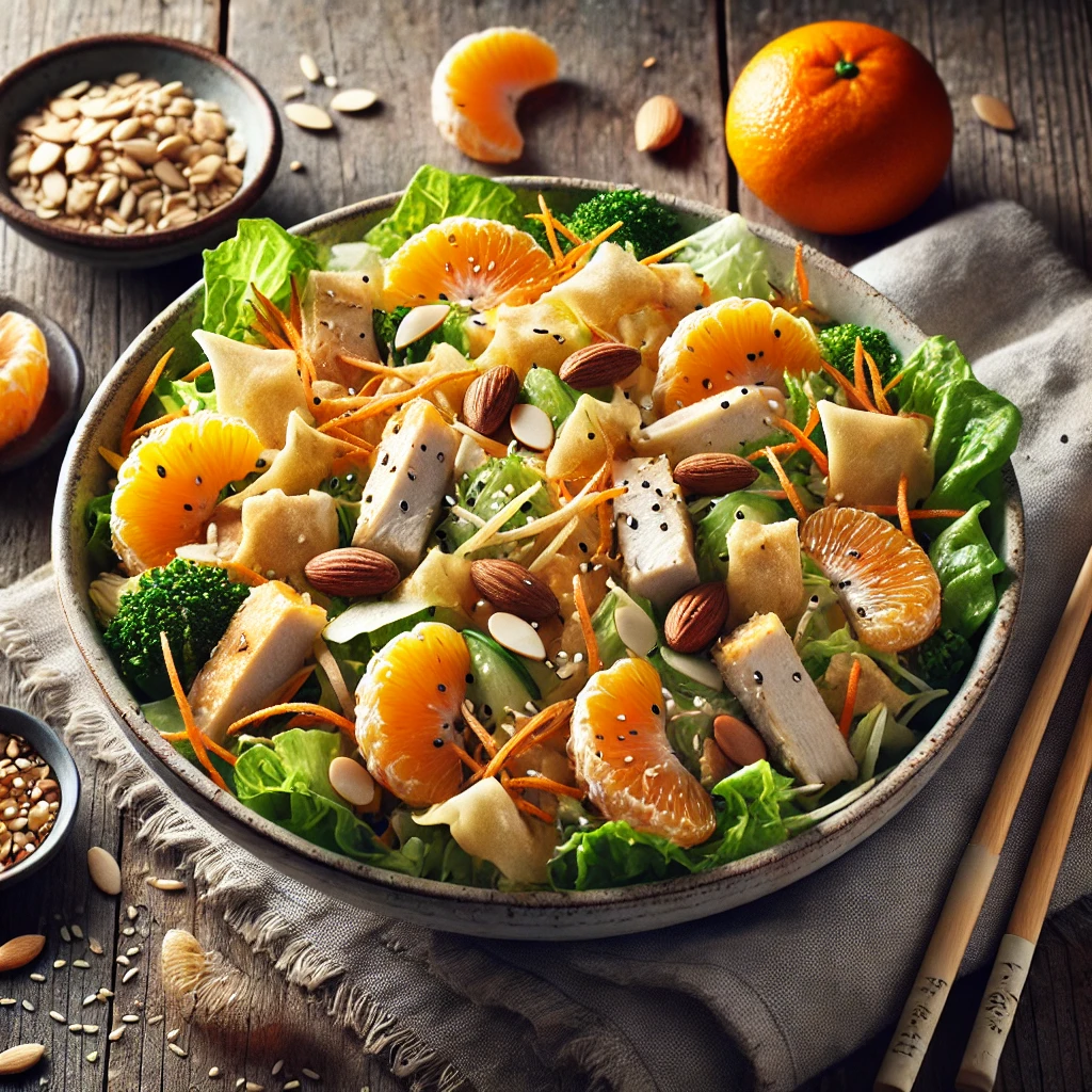 A fresh Chinese chicken mandarin salad on a rustic wooden table, featuring shredded chicken, crisp romaine lettuce, mandarin orange slices, sliced almonds, shredded carrots, and crunchy wonton strips, all tossed in a light sesame ginger dressing. The salad is served in a large bowl with chopsticks resting on the side, accompanied by a small dish of dressing and scattered sesame seeds. Soft natural lighting enhances the fresh, vibrant tones.