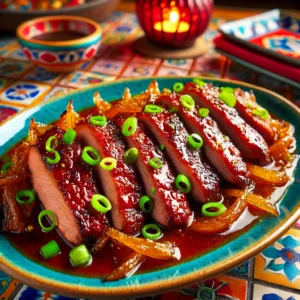 Chinese duck (Xiang Su Ya) with molasses-orange glaze, garnished with green onions in a vibrant Mexican-style setting.