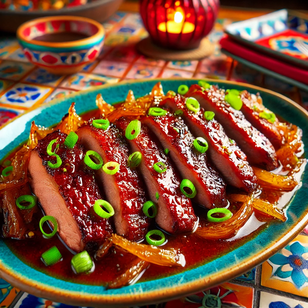 Chinese duck (Xiang Su Ya) with molasses-orange glaze, garnished with green onions in a vibrant Mexican-style setting.