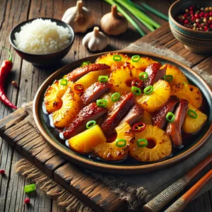 A beautifully plated Chinese Duck and Pineapple dish on a rustic wooden table, featuring golden-brown roasted duck pieces with juicy pineapple chunks, garnished with green onion curls. A bowl of sticky rice sits beside the dish, with scattered ingredients like fresh chilies, garlic, and ginger adding authenticity. The natural lighting enhances the vibrant colors, creating a fresh and cheerful presentation.