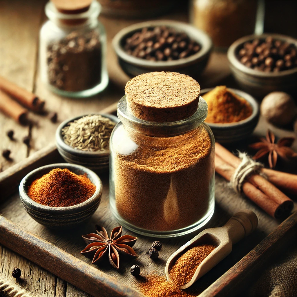 Homemade Chinese Five-Spice Powder displayed in a rustic glass jar with a cork lid, surrounded by small bowls of ground anise, cloves, cinnamon, fennel, and toasted black peppercorns. A wooden spoon and a small spill of the spice mix are styled on a wooden table, illuminated by soft natural lighting for a warm and aromatic presentation.