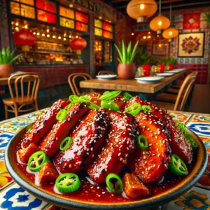 Chinese-style sticky turkey thighs with a glossy, caramelized glaze, garnished with sesame seeds and green onions, in a colorful Mexican-style setting.