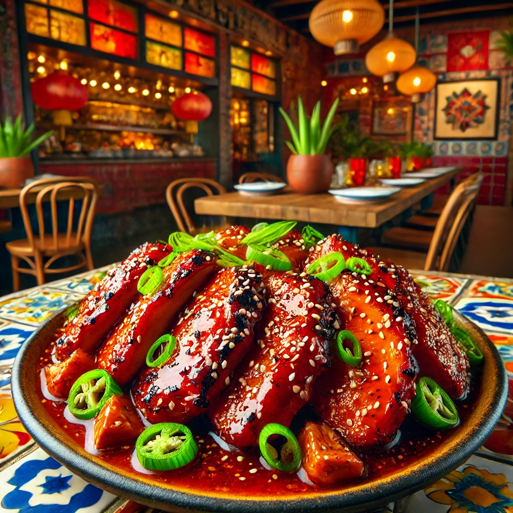 Chinese-style sticky turkey thighs with a glossy, caramelized glaze, garnished with sesame seeds and green onions, in a colorful Mexican-style setting.