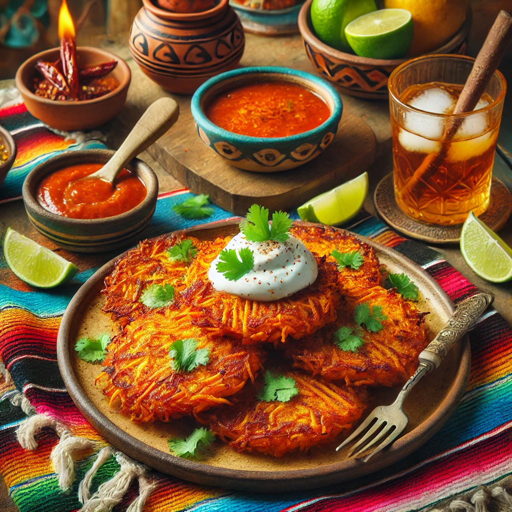 A vibrant and inviting scene featuring Chipotle Sweet Potato Latkes on a rustic plate. The golden-brown latkes are topped with sour cream, garnished with fresh cilantro, and seasoned with a spicy chipotle kick. The setup includes a colorful Mexican-style tablecloth, a small bowl of chipotle sauce, lime wedges, and a glass of iced tea, highlighted by bright natural light to emphasize the warm and spicy appeal.