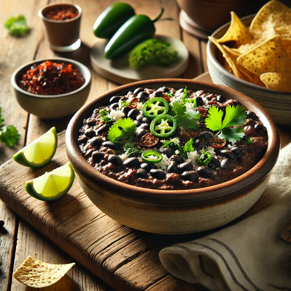 A rustic presentation of chipotle-black bean dip, elegantly arranged on a wooden table. The dip is served in a ceramic bowl, featuring a smooth, smoky blend of black beans, chipotle peppers, and spices. It is garnished with chopped cilantro, crumbled queso fresco, and a drizzle of lime juice. Surrounding the bowl are crispy tortilla chips, fresh lime wedges, and sliced jalapeños for extra heat. Soft natural lighting enhances the warm and inviting feel, with gentle shadows and a hint of rustic kitchen elements in the background.