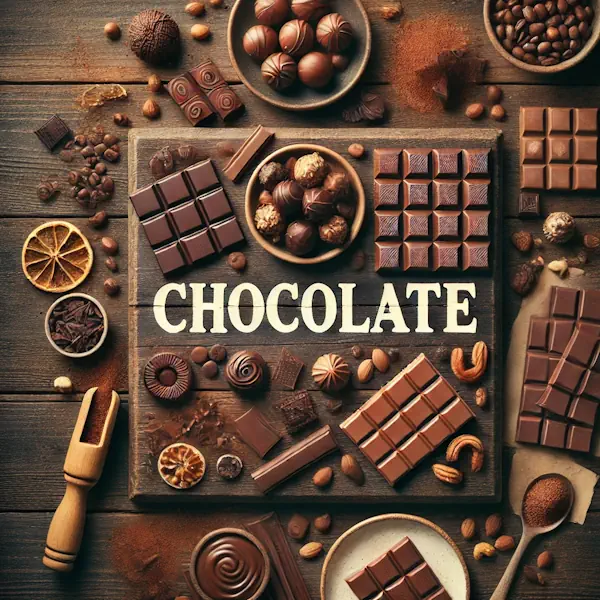 A rustic flat lay of chocolate on a medium-dark wooden table with horizontal planks. The scene includes chocolate bars, pralines, truffles, and pieces of dark, milk, and white chocolate, with garnishes like cocoa powder, nuts, and berries. At the top, the word 'CHOCOLATE' is written in large cream-colored serif letters, centered and clearly visible.