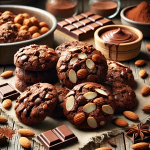 A batch of freshly made Chocolate Almond Cookies, featuring both baked and no-bake varieties. The baked cookies have a golden-brown, crisp texture with melted chocolate chunks and slivered almonds, while the no-bake cookies have a rich, fudgy consistency with glossy chocolate and almond pieces. They are arranged on a rustic wooden table, with some stacked and others cooling on a wire rack. A small dish of melted chocolate, whole almonds, and a dusting of cocoa powder complete the cozy, homemade presentation. Warm, natural lighting enhances the inviting, artisanal feel.