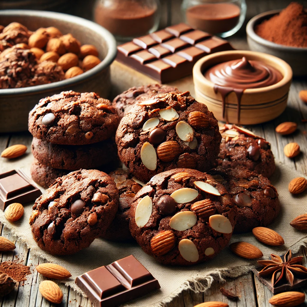 A batch of freshly made Chocolate Almond Cookies, featuring both baked and no-bake varieties. The baked cookies have a golden-brown, crisp texture with melted chocolate chunks and slivered almonds, while the no-bake cookies have a rich, fudgy consistency with glossy chocolate and almond pieces. They are arranged on a rustic wooden table, with some stacked and others cooling on a wire rack. A small dish of melted chocolate, whole almonds, and a dusting of cocoa powder complete the cozy, homemade presentation. Warm, natural lighting enhances the inviting, artisanal feel.