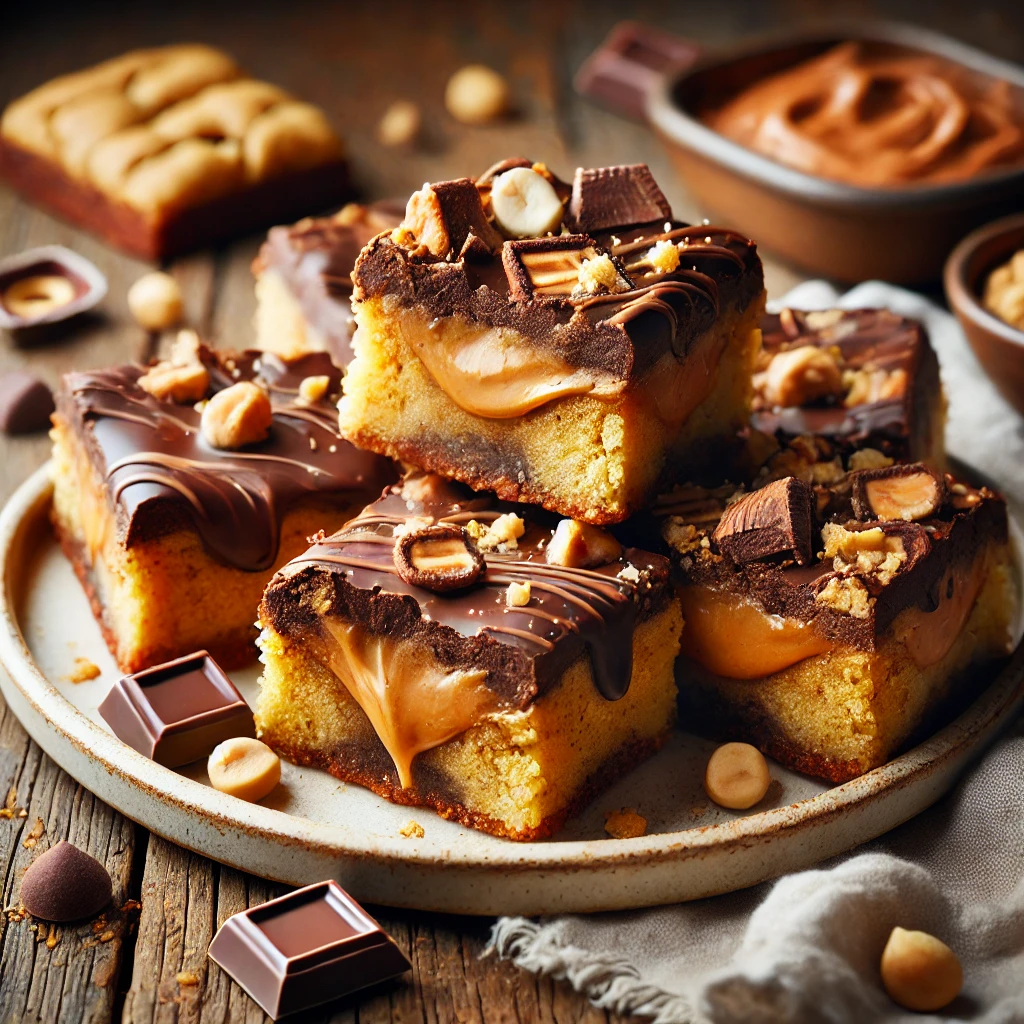 A plate of chocolate and peanut butter-filled peanut butter blondies on a rustic wooden table, featuring a golden, chewy base with a rich chocolate and creamy peanut butter filling. Some are cut open to reveal the gooey layers inside, drizzled with melted chocolate and sprinkled with crushed peanuts. Peanut butter chips and chocolate chunks are scattered around, with soft natural lighting enhancing the textures and warm tones.