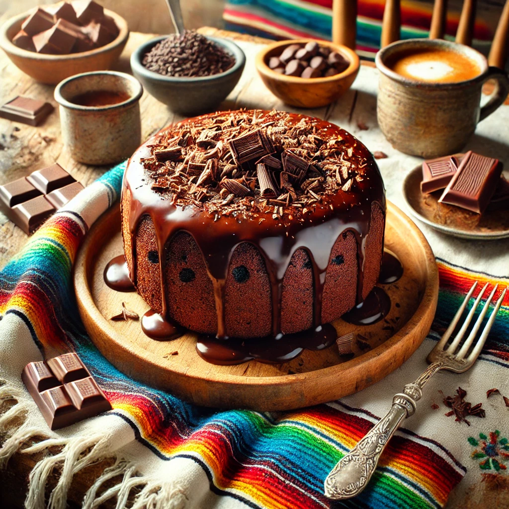 A cozy and indulgent scene featuring a Chocolate Breakfast Cake on a rustic wooden platter. The rich and moist cake is topped with a glossy chocolate glaze and sprinkled with chocolate shavings. The setting includes a colorful Mexican-style tablecloth, a small dish of chocolate chips, a cup of coffee, and a fork, illuminated by bright natural light to create a warm and inviting atmosphere.