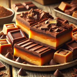 A plate of rich chocolate and butterscotch fudge on a rustic wooden table, featuring smooth, dark chocolate and creamy golden butterscotch layers. Some pieces are cut to reveal the distinct layers, with extra butterscotch chips and chocolate shavings scattered around for a homemade touch. Soft natural lighting enhances the indulgent textures and warm tones.