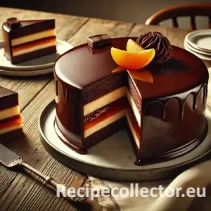 A realistic chocolate cake inspired by Sacher Torte, with a glossy chocolate glaze and a slice cut out, served with whipped cream on a rustic wooden table.
