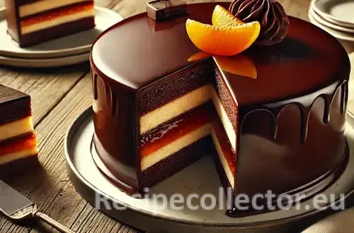 A realistic chocolate cake inspired by Sacher Torte, with a glossy chocolate glaze and a slice cut out, served with whipped cream on a rustic wooden table.