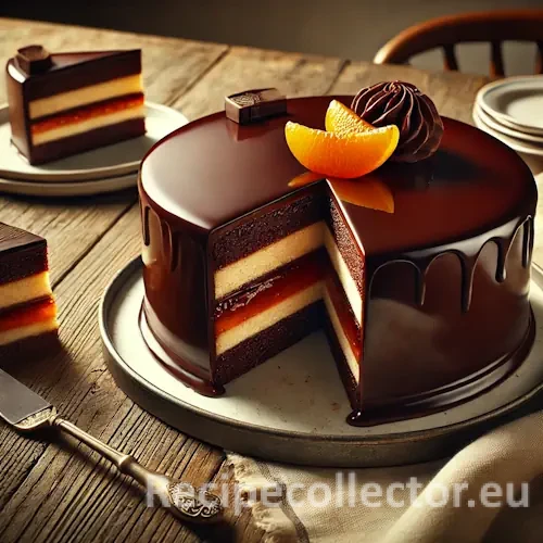 A realistic chocolate cake inspired by Sacher Torte, with a glossy chocolate glaze and a slice cut out, served with whipped cream on a rustic wooden table.