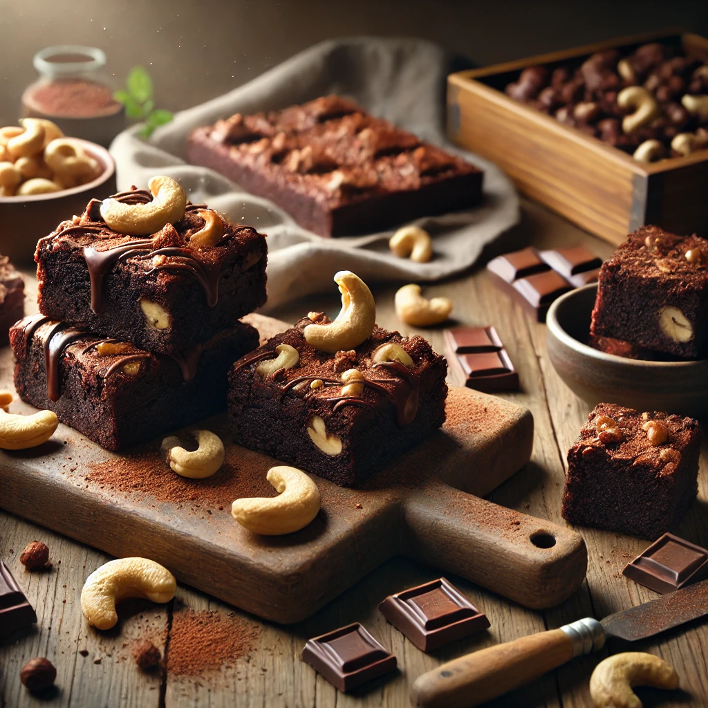 A rustic presentation of chocolate-cashew brownies, elegantly arranged on a wooden table. The brownies have a rich, fudgy chocolate base loaded with crunchy cashew pieces and topped with a glossy chocolate drizzle. Some brownies are stacked on a wooden cutting board, while others are cut into squares to showcase the nutty texture. Scattered around are whole and chopped cashews, chocolate chunks, and a light dusting of cocoa powder. Soft natural lighting enhances the warm and indulgent feel, with gentle shadows and a hint of greenery in the background.