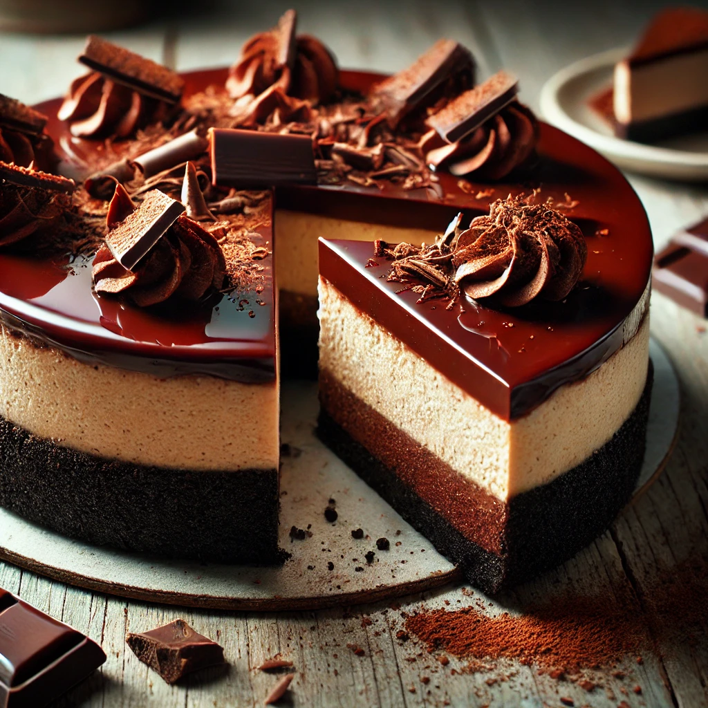 A rich and creamy chocolate cheesecake on a rustic wooden table, featuring a velvety smooth chocolate filling on a dark chocolate cookie crust, topped with glossy chocolate ganache. The top is decorated with chocolate shavings and a dusting of cocoa powder. A slice is cut to reveal the dense, indulgent layers inside, with scattered chocolate pieces and cocoa powder adding to the homemade charm. Soft natural lighting enhances the deep, luxurious chocolate tones.