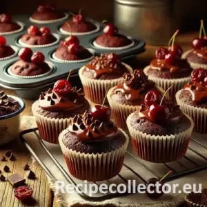 A rustic table with chocolate cherry cupcakes on a wire rack, topped with melted chocolate chips and dried cherries, surrounded by baking tools and scattered ingredients.